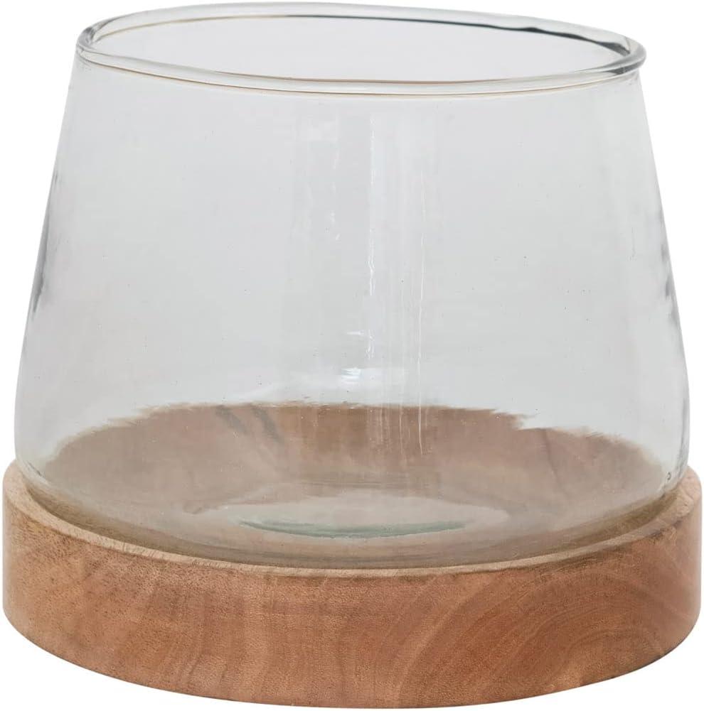 Sleek Glass Bowl Votive Holder with Mango Wood Base