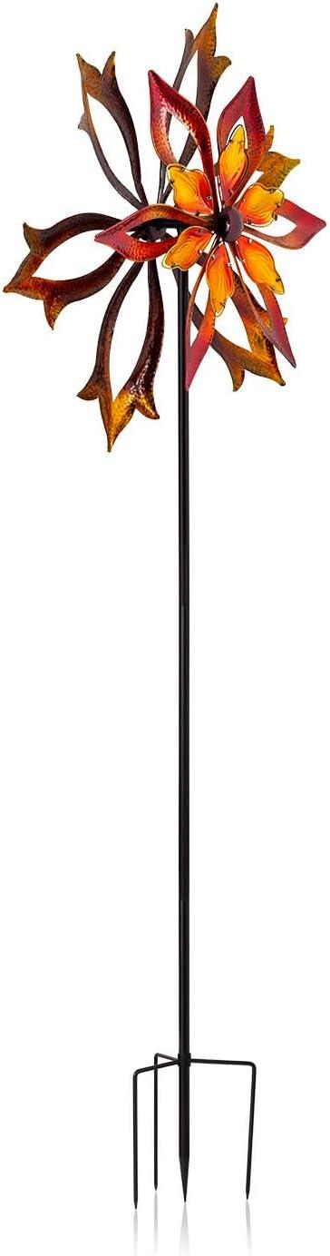 96" Glass/Iron Outdoor Flower Dual Kinetic Spinner Stake Red/Yellow - Alpine Corporation: Yard Art Decor