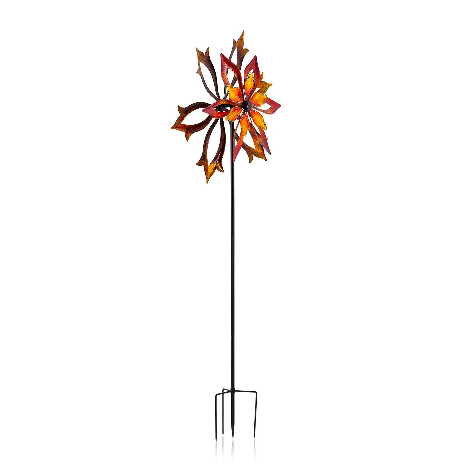 96" Glass/Iron Outdoor Flower Dual Kinetic Spinner Stake Red/Yellow - Alpine Corporation: Yard Art Decor