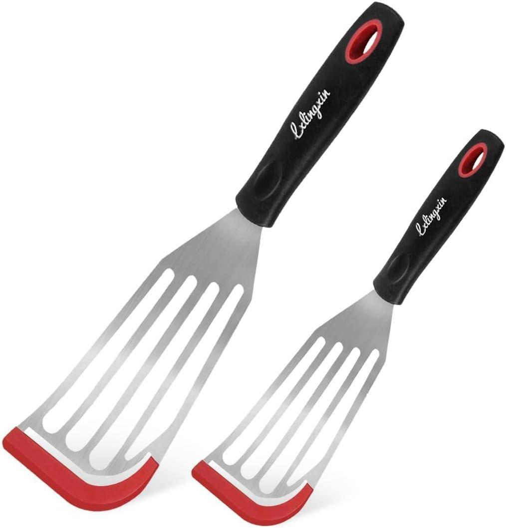 Fish Spatula Turner Set of 2, Heat Resistant Silicone Edge Slotted Fish Spatulas for Nonstick Cookware, Flexible and Thin Stainless Steel Kitchen Cooking Spatula Flipper for Fish, Egg, Pancake