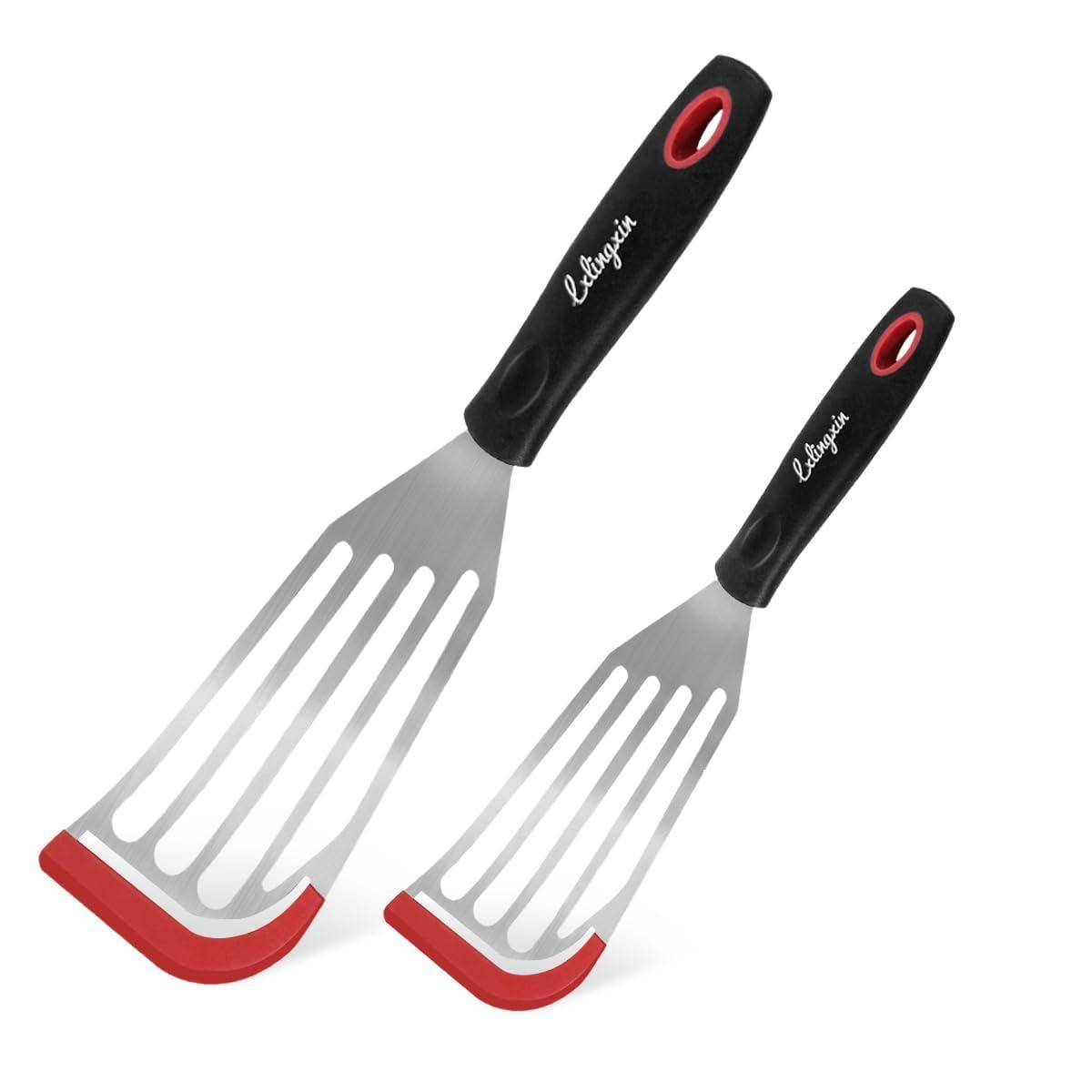Fish Spatula Turner Set of 2, Heat Resistant Silicone Edge Slotted Fish Spatulas for Nonstick Cookware, Flexible and Thin Stainless Steel Kitchen Cooking Spatula Flipper for Fish, Egg, Pancake