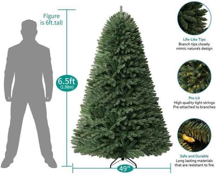 Naomi Home 6.5ft Christmas Tree with Lights, Realistic Spruce Christmas Tree Prelit with Foot Pedal, 1197 Branch Tips, 450 Warm Lights and Metal Stand, Aritificial Christmas Tree, Árbol De Navidad