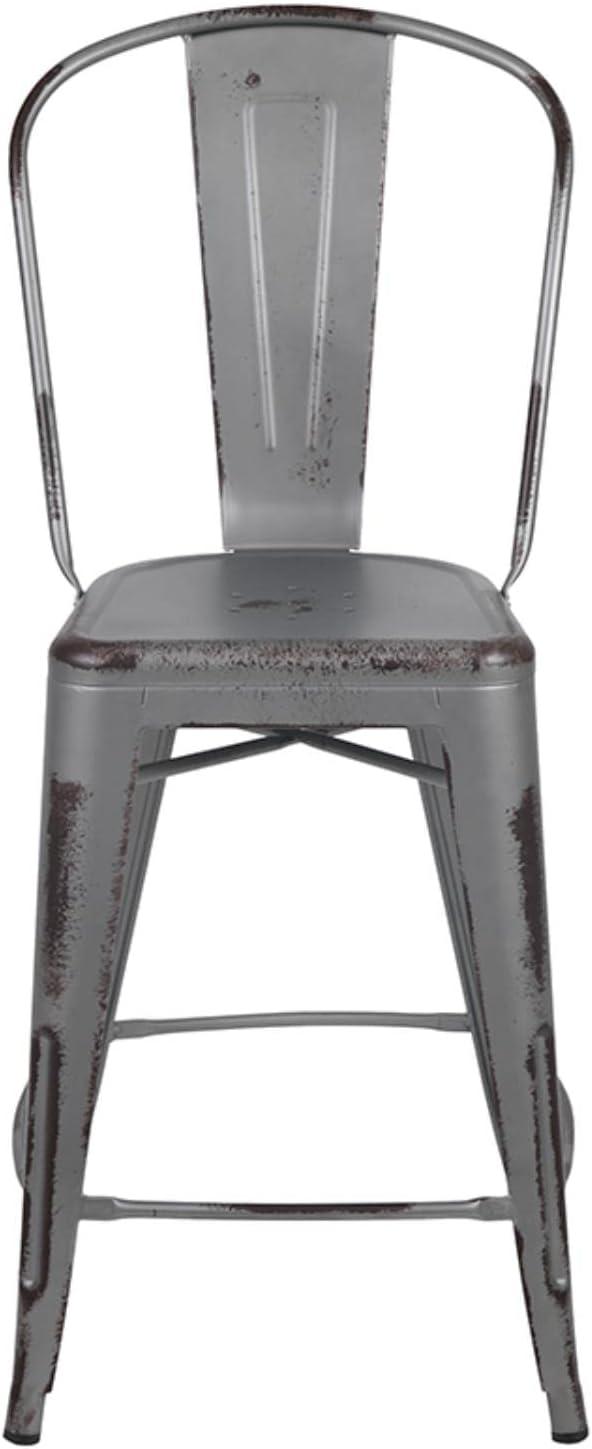 Flash Furniture Commercial Grade 24" High Distressed Silver Gray Metal Indoor-Outdoor Counter Height Stool with Back