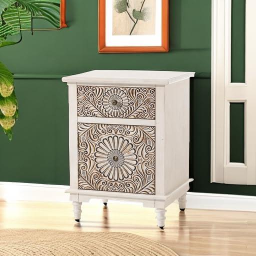 Light Gray Floral Carved MDF Nightstand with Drawer