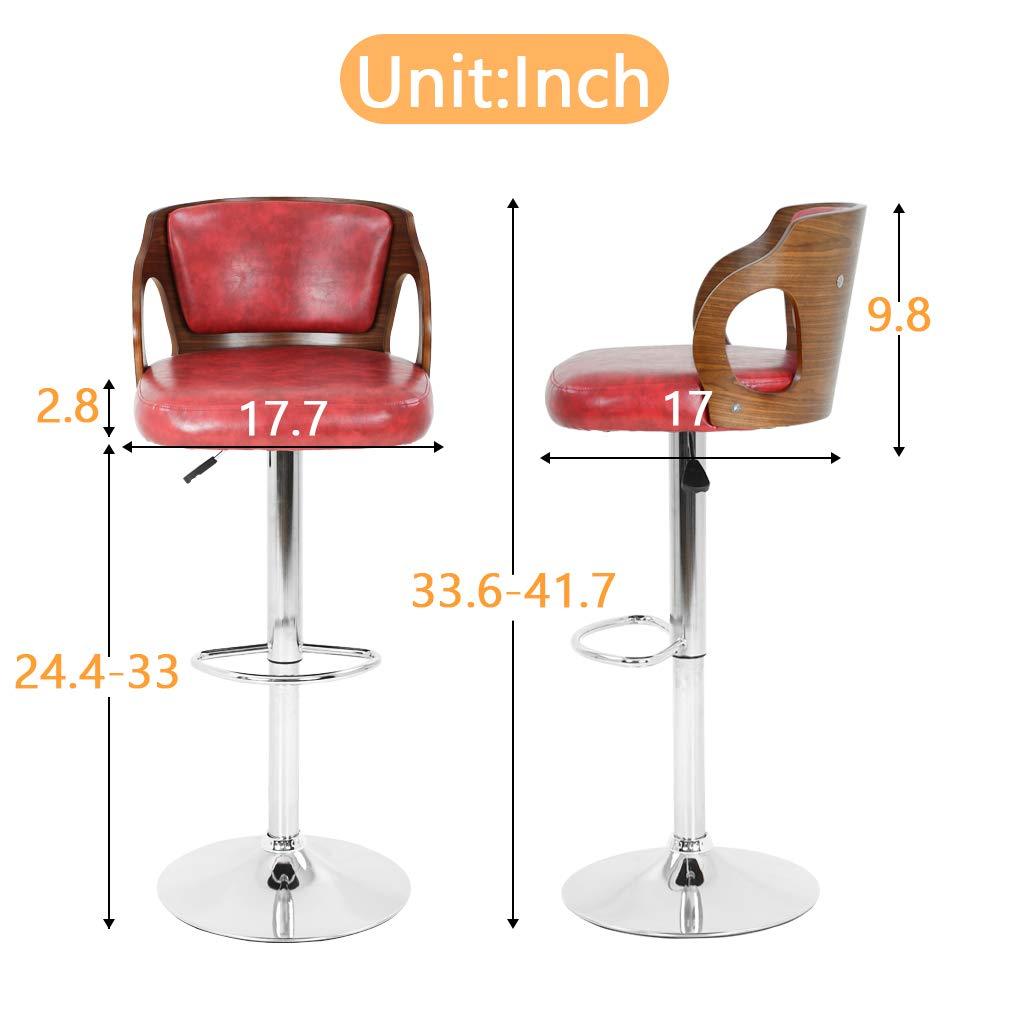BestOffice Modern Bar Stool Set Of 2 Beech Barstools Height Adjustable Counter Stools PU Leather For Home Kitchen Dining Room Stools,Red