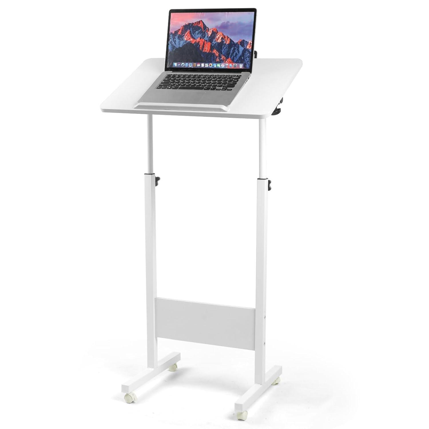 Costway 1 PCS Mobile Lectern Podium with Tilting Top Storage Tray Lockable Casters White