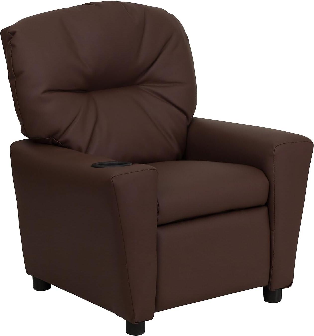 Cozy Brown LeatherSoft Kids Recliner with Built-in Cup Holder