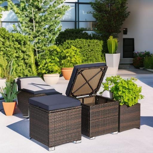 Navy Cushioned PE Rattan Storage Ottomans Set
