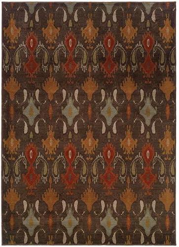 Ivory and Brown Ikat Print Synthetic Area Rug