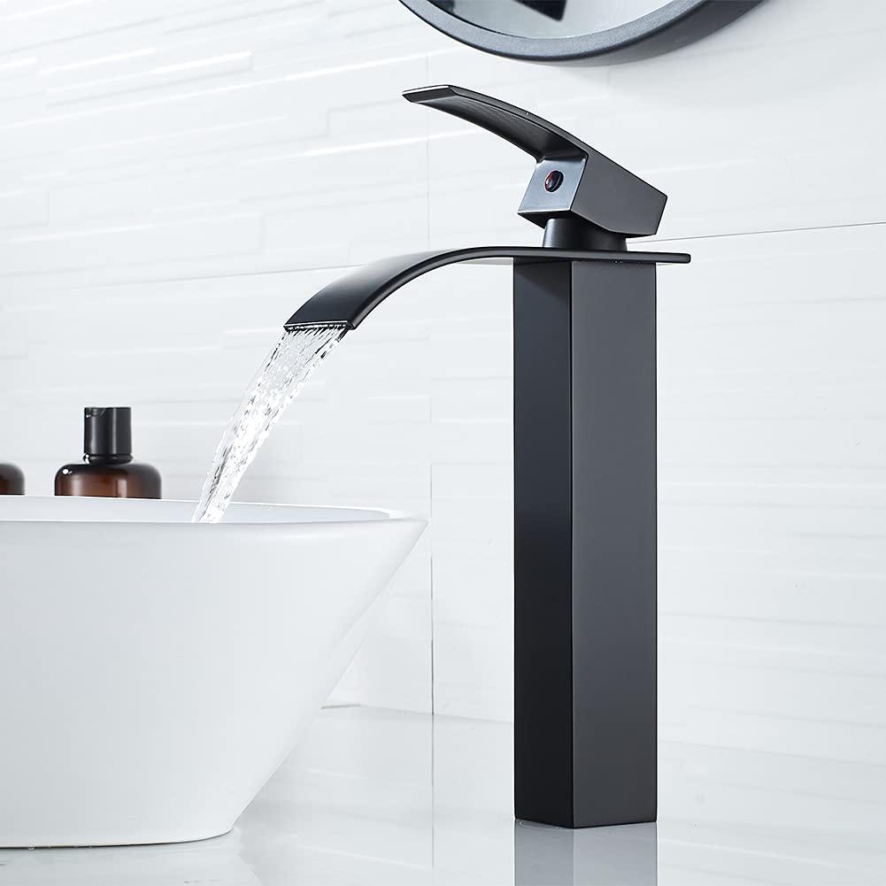 Waterfall Bathroom Faucet Single Handle，Bathroom Sink Faucet 1 Hole，Waterfall Faucet for Bathroom Sink，Vessel Sink Faucet Matte Black Tall Bathroom Faucet