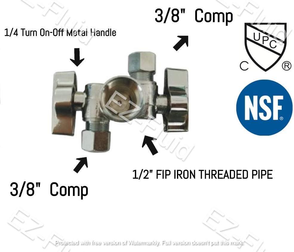 EZ-Fluid Double Handles Chrome LF Brass Angle Stop Valve 1/2" FIP X 3/8" Comp X 3/8" Comp 1/4 Turn Water Shut Off Ball Valve For Water Pipes,For Faucet Toilet Valve ,Dishwasher,Filter-1PCS