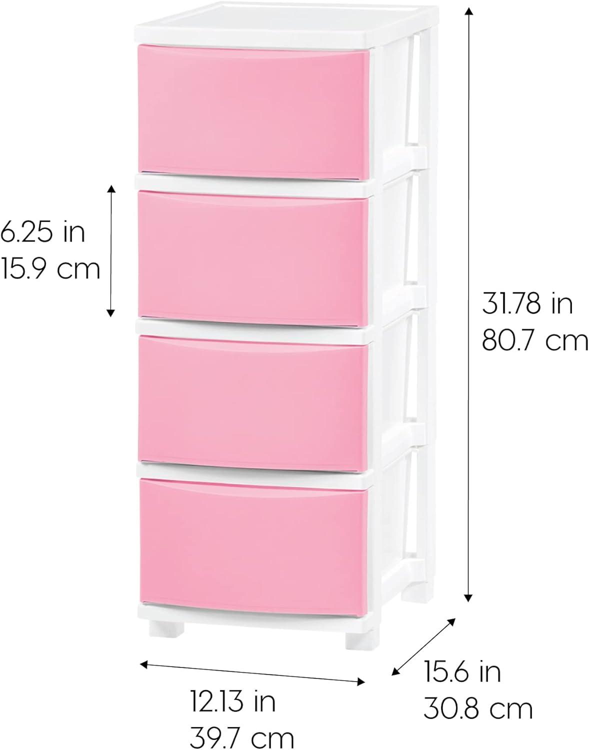 IRIS USA, Inc. 4 Slim Drawer Storage, Organizer Unit for Bedroom, Closet, Kitchen, Bathroom, Laundry Room, Dorm, White Frame with Matte Soft-Pink