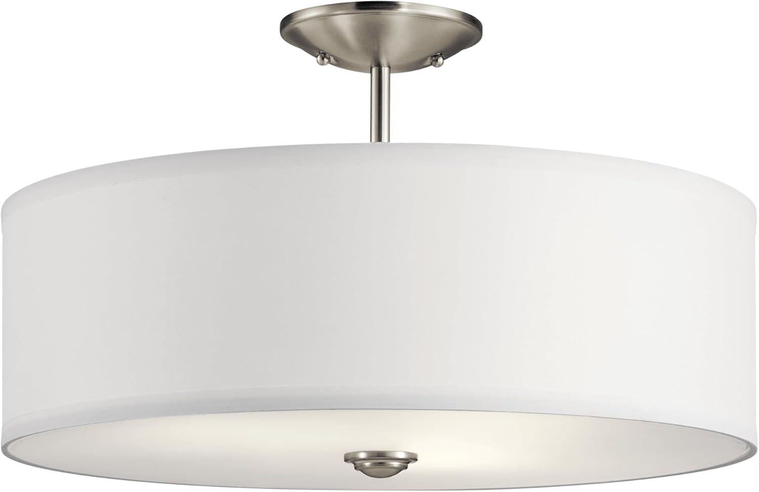 Shailene 18" 3 Light Round Semi Flush with Satin Etched White Diffuser and White Microfiber Shade in Brushed Nickel