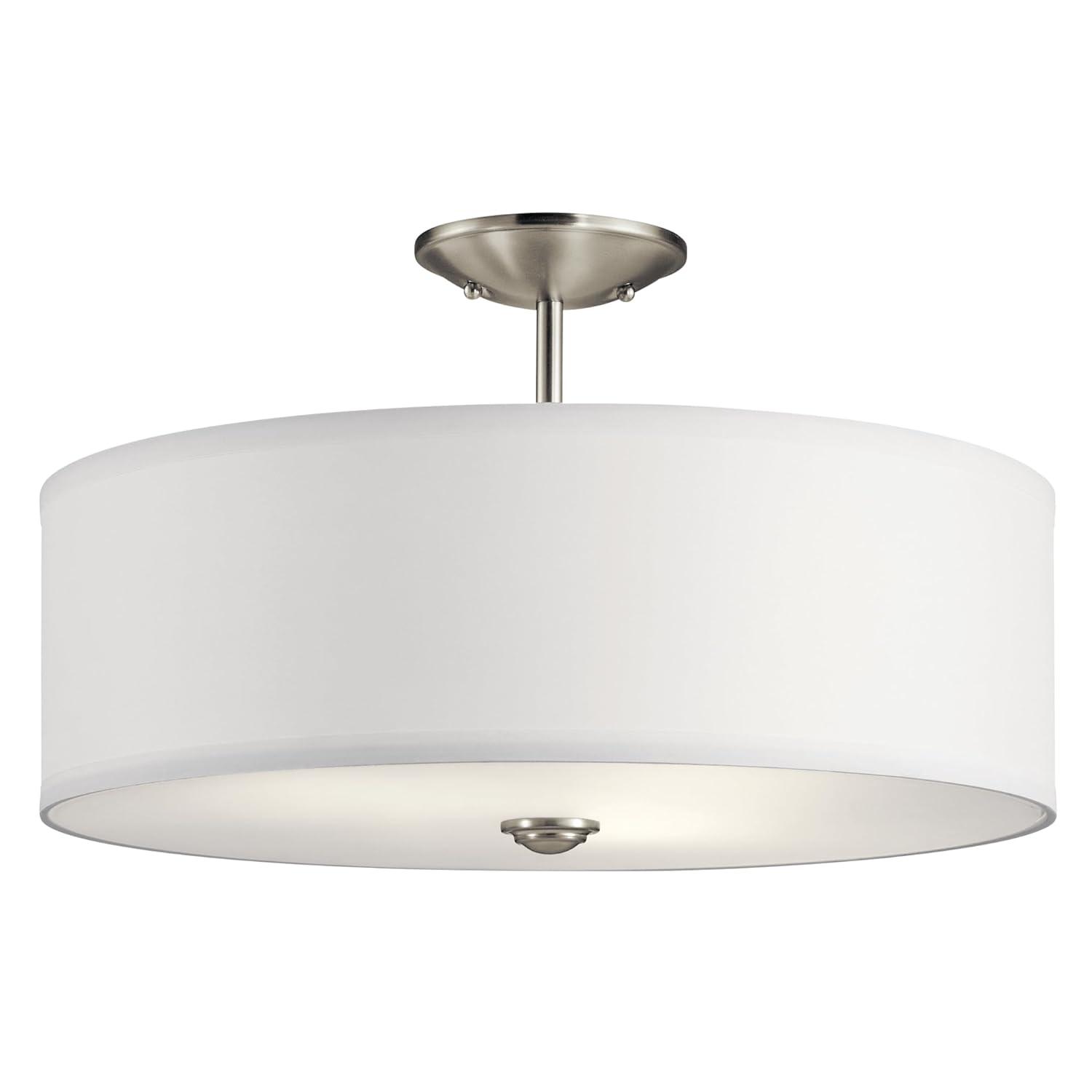 Shailene 18" 3 Light Round Semi Flush with Satin Etched White Diffuser and White Microfiber Shade in Brushed Nickel
