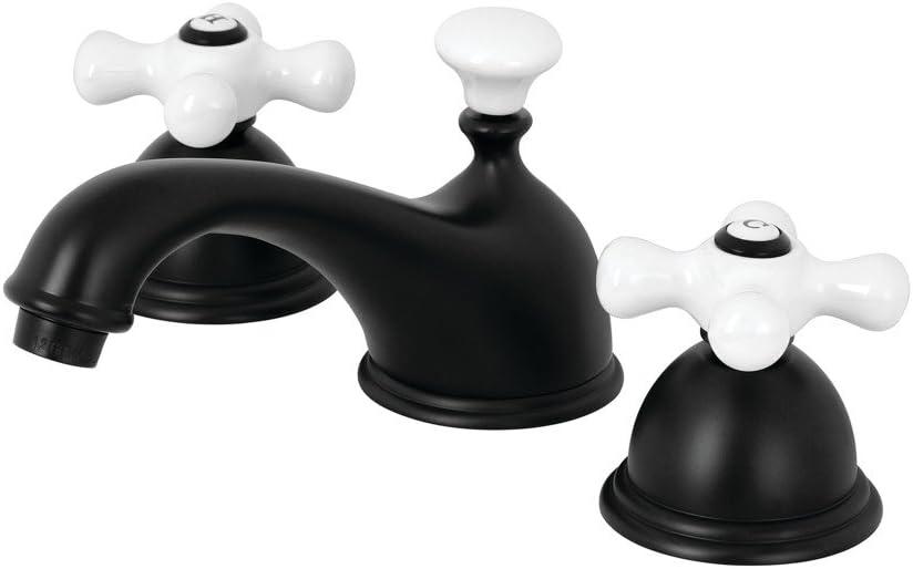 Kingston Brass Restoration Two-Handle 3-Hole Deck Mount Widespread Bathroom Faucet with Brass Pop-Up Drain