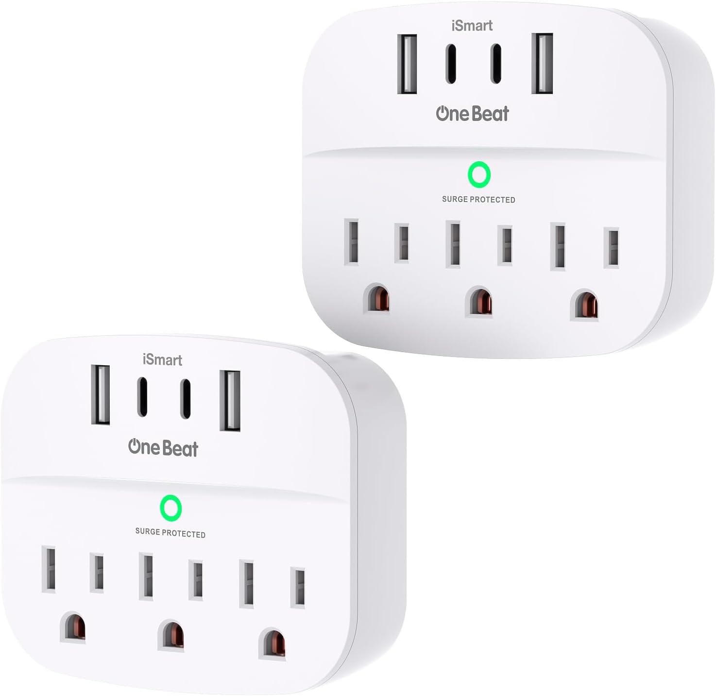 White Compact Surge Protector Wall Tap with USB Ports