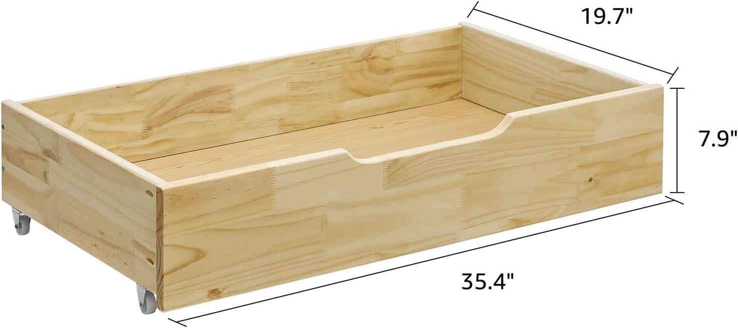 MUSEHOMEINC Solid Wood Under Bed Storage Drawer with 4-Wheels for Bedroom,Suggested for Queen&King Size Platform Bed,Natural