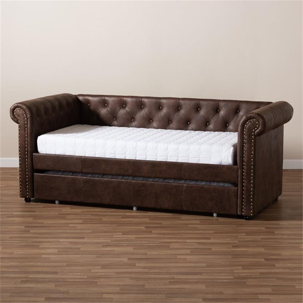 Baxton Studio Twin Brown Mabelle Faux Leather Daybed with Trundle: Upholstered, Wood Composite Frame, Polyester Fill