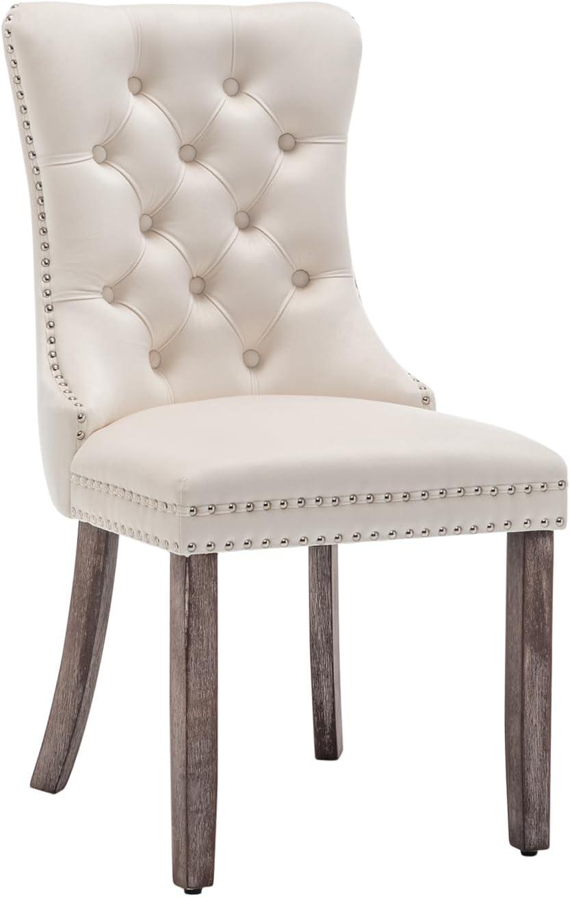 BELLEZE Upholstered Dining Chairs Set of 2, Velvet Luxury Dining Room Chairs with Button Back, Nailhead Trim, Pull-ring, Solid Wood Legs for Kitchen, Living Room, Restaurant - Chandler (Beige)