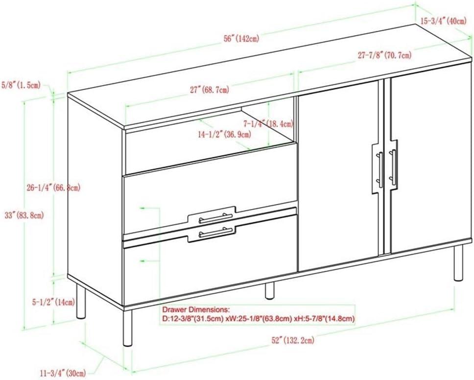 Walker Edison Modern Detailed Cabinet Door and 2 Drawer Storage-Sideboard-Buffet, 56, Birch