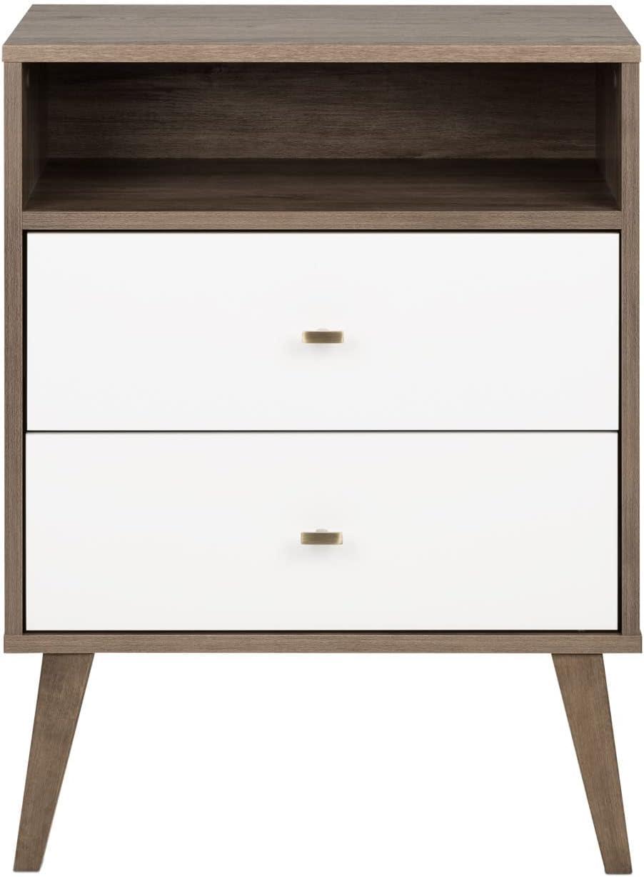 Mid-Century Modern Drifted Gray and White 2-Drawer Nightstand with Shelf