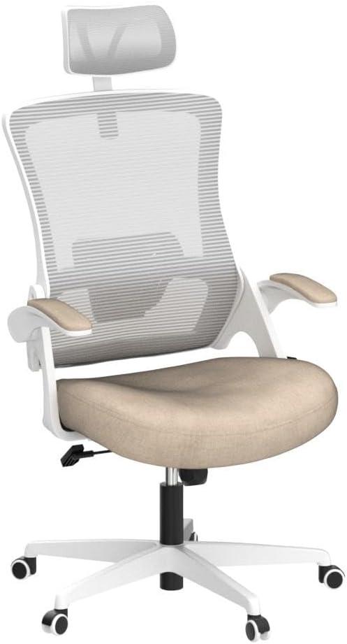 Neo Chair Ergonomic High Back Office Chair with Flip-Up Arms, Beige (Set of 1)