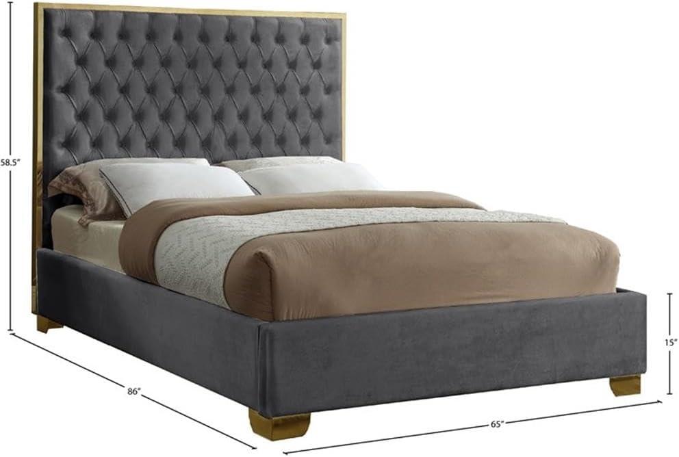 Meridian Furniture Lana Solid Wood and Velvet Queen Bed in Gray