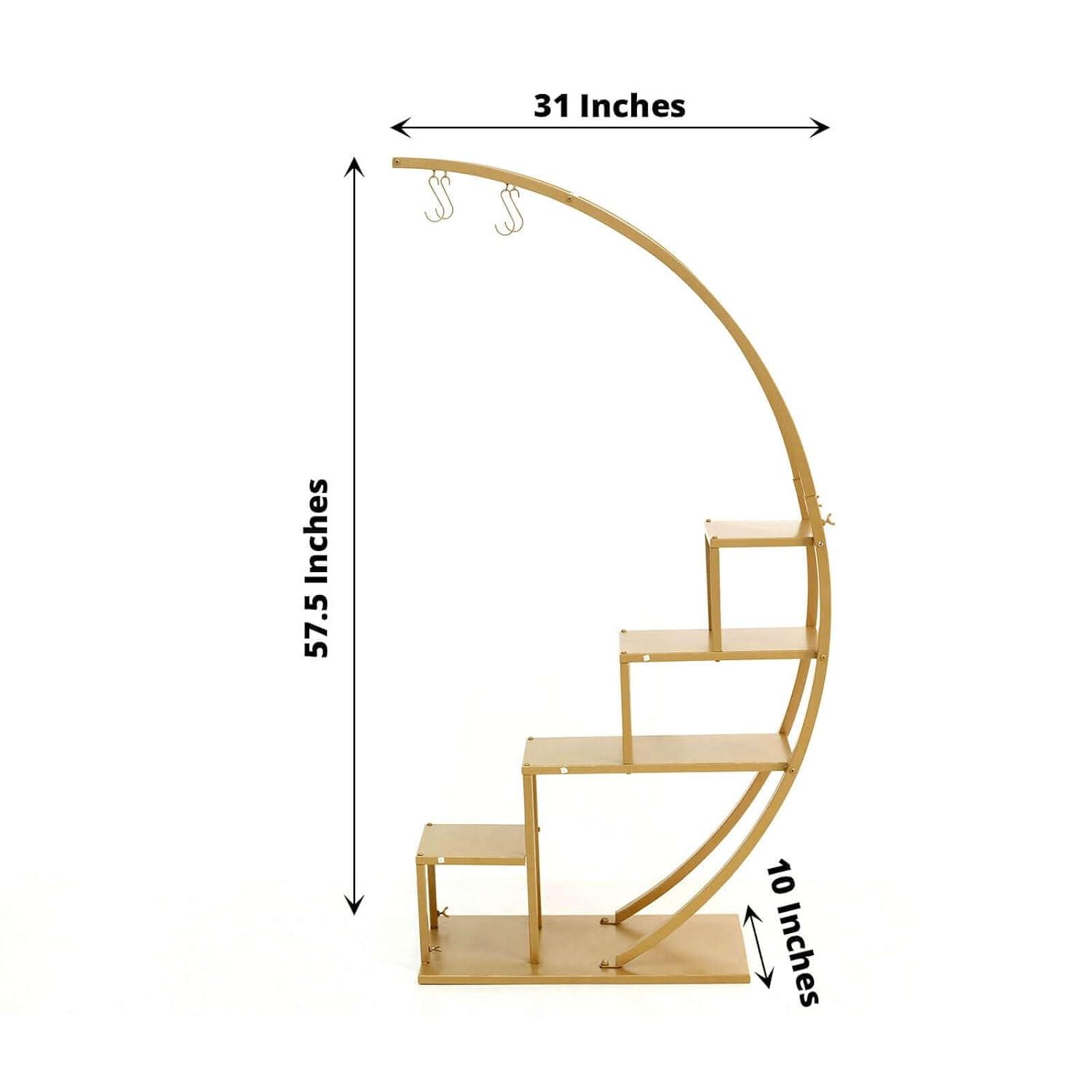 Efavormart 4.5ft Gold Metal 4-Tier Half Moon Plant Shelf Rack With Hanging Hooks, Cupcake Dessert Display Stand