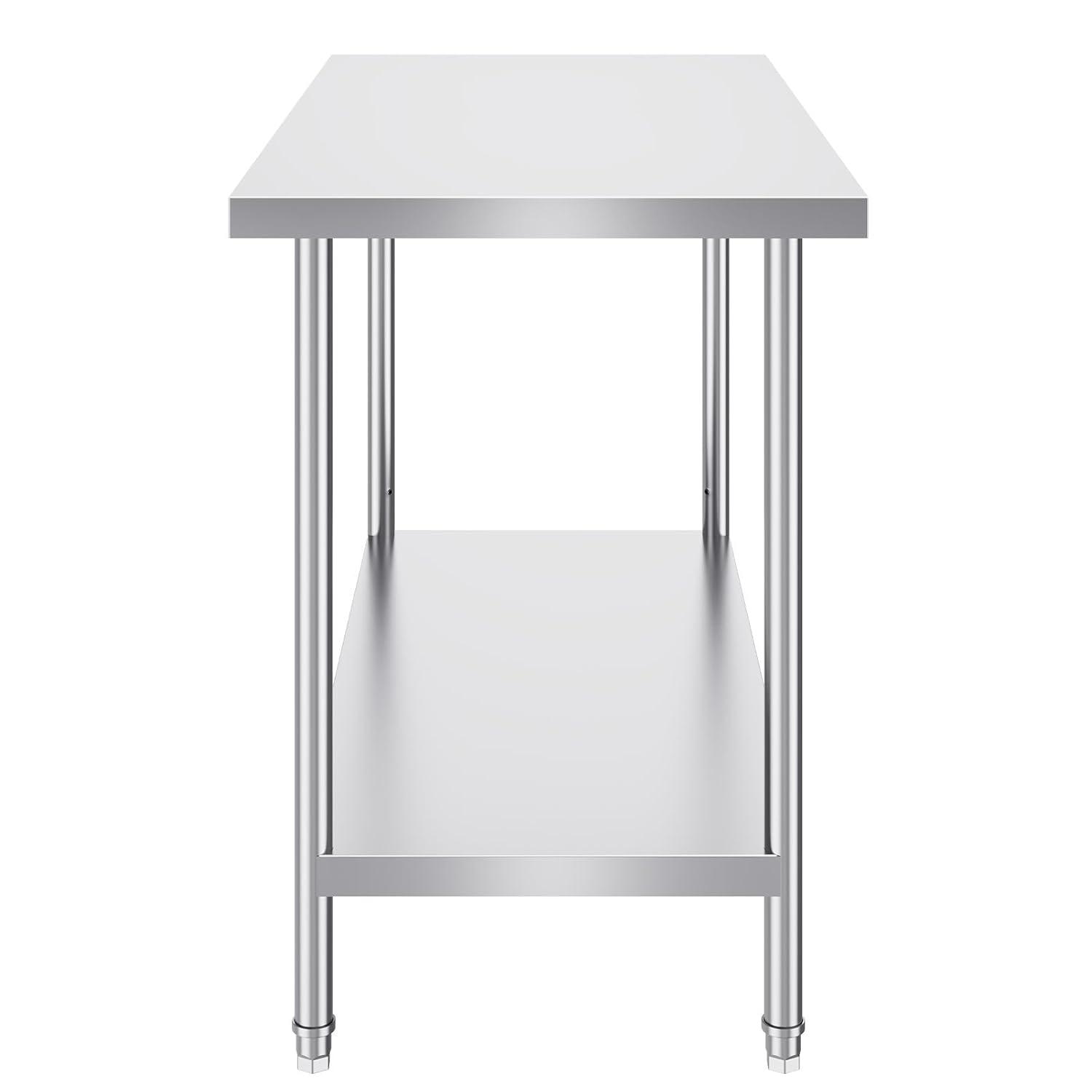 VEVOR Stainless Steel Prep Table, 48 x 24 x 34 Inch, 550lbs Load Capacity Heavy Duty Metal Worktable with Adjustable Undershelf, Commercial Workstation for Kitchen Restaurant Garage Backyard