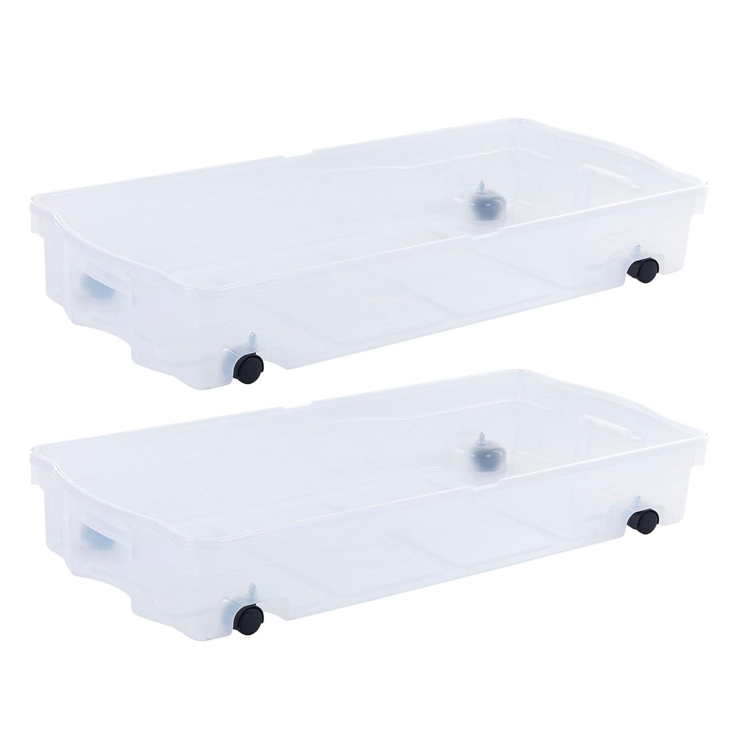 Rubbermaid Under Bed Wheeled Storage Box, 2-Pack, Made In USA, Plastic Containers With Dual-Hinged Lids And Sturdy Wheels, Visible Organization For Tight Spaces