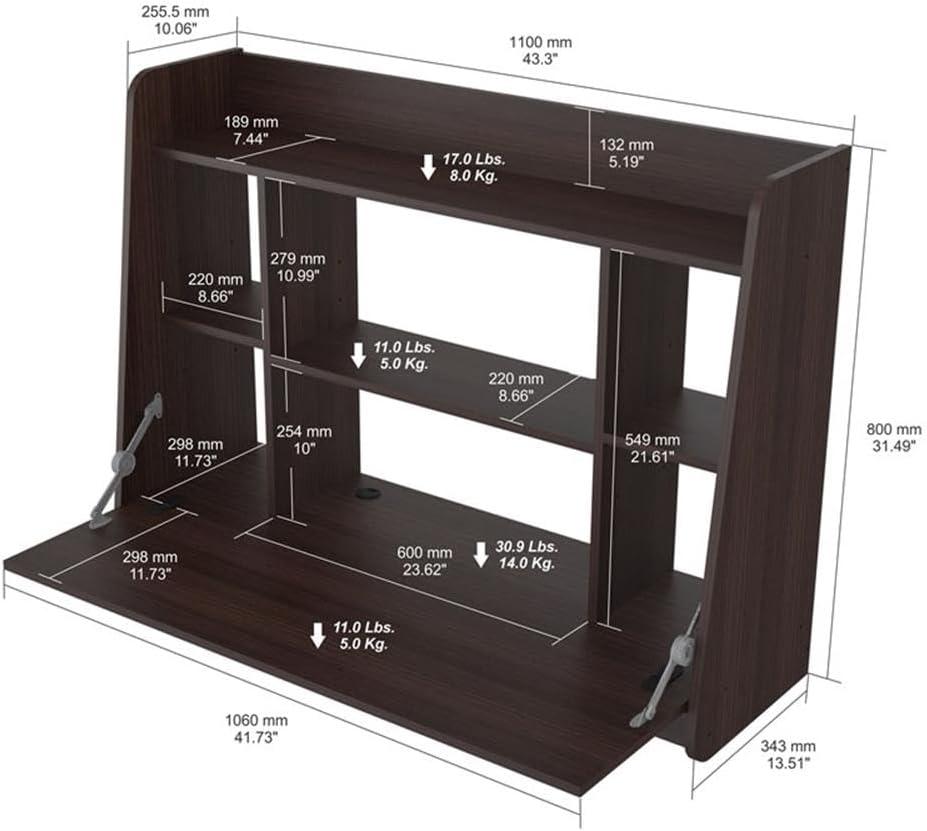 Inval Wall Mounted Floating Wall Desk with Storage Shelves, Espresso