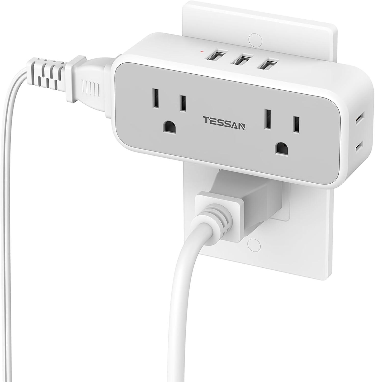 Compact White Multi Plug Wall Outlet Extender with USB Ports