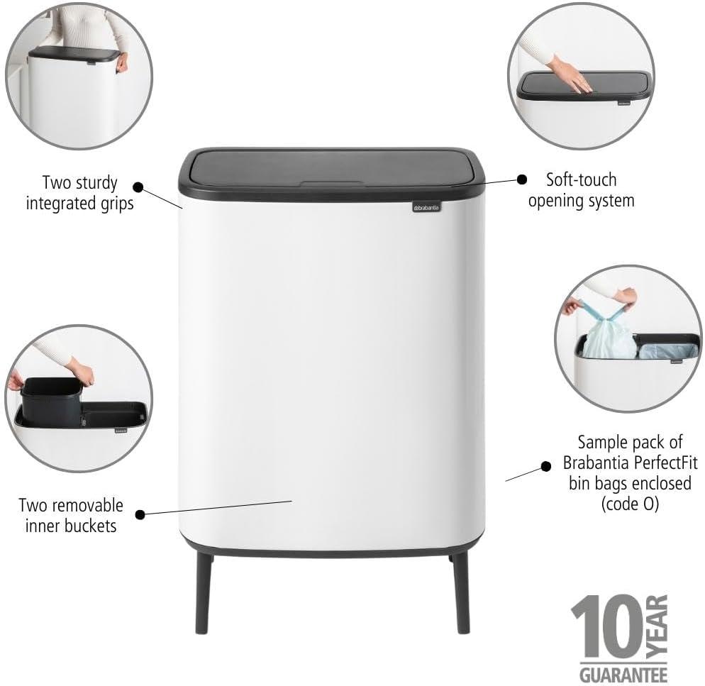 Brabantia Bo Hi Touch Top Dual Compartment Recycling Trash Can, 2 x 8 Gallon (16 Gallon Capacity)