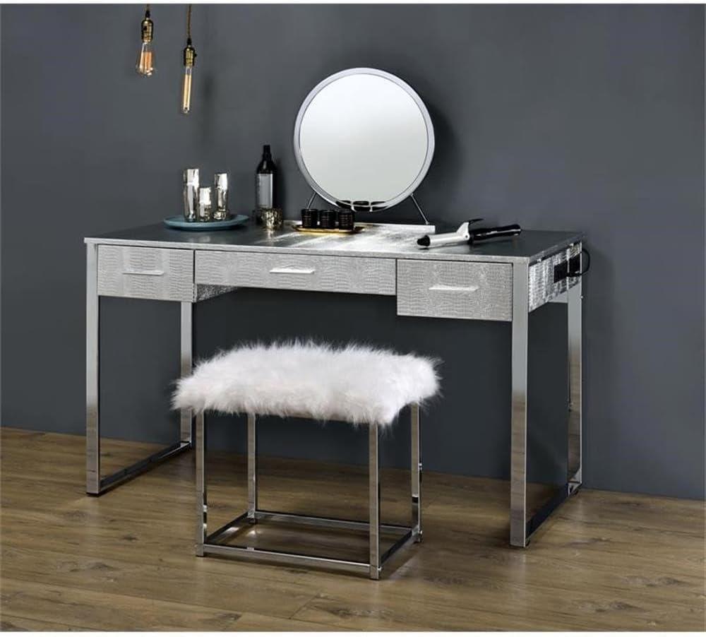 50" Myles Vanity Table Antique White, Chrome Finish - Acme Furniture: Built-in Outlet, USB, Storage
