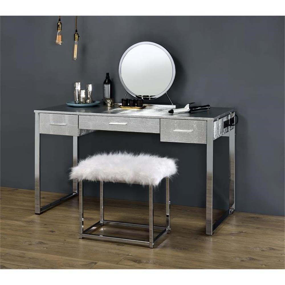 50" Myles Vanity Table Antique White, Chrome Finish - Acme Furniture: Built-in Outlet, USB, Storage