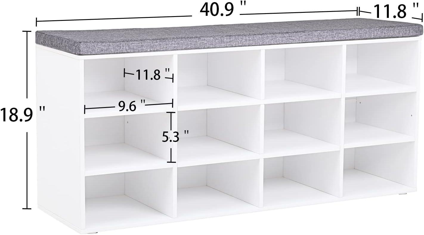 Shoe Bench with Cushion, Entryway Storage Bench with 12 Cubbies, Cubby Shoe Rack with Adjustable Shelves, Shoe Organizer Cabinet for Living Room, Bedroom, Entryway, White SB19003GY