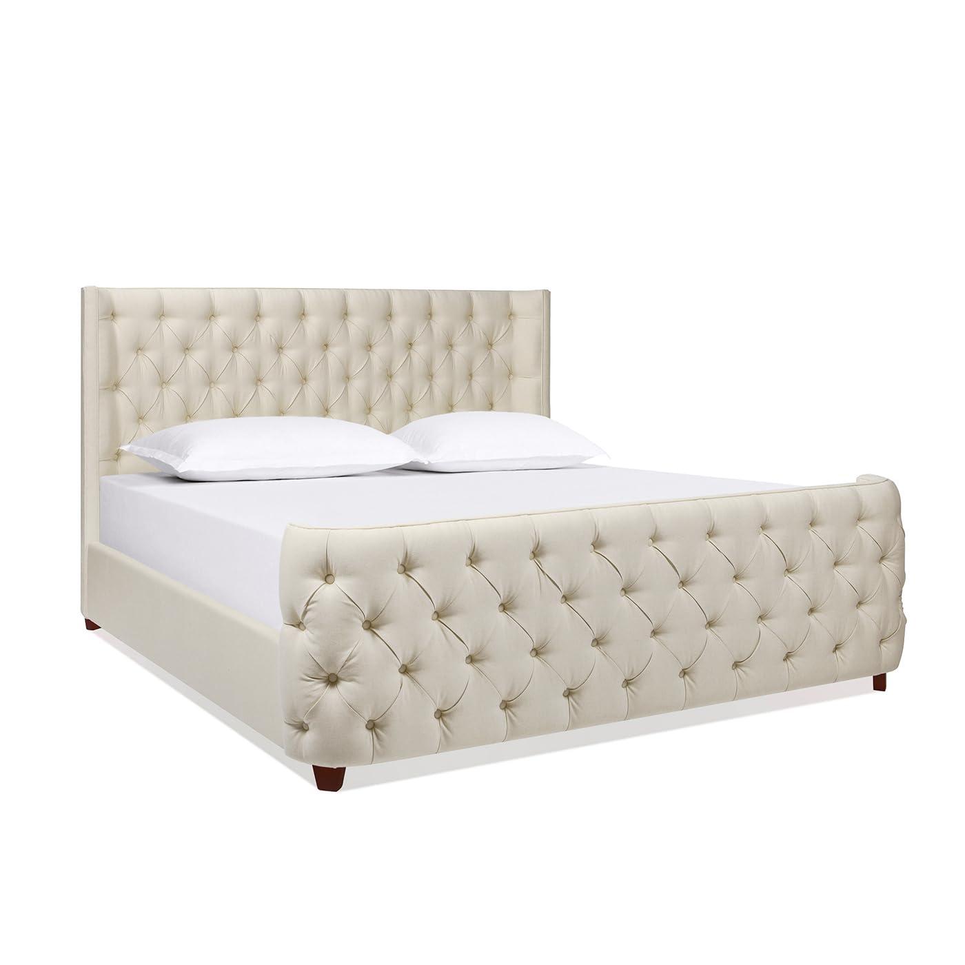 Jennifer Taylor Home Geneva Curved Wing Upholstered Platform Bed Frame, King, Light Beige Linen