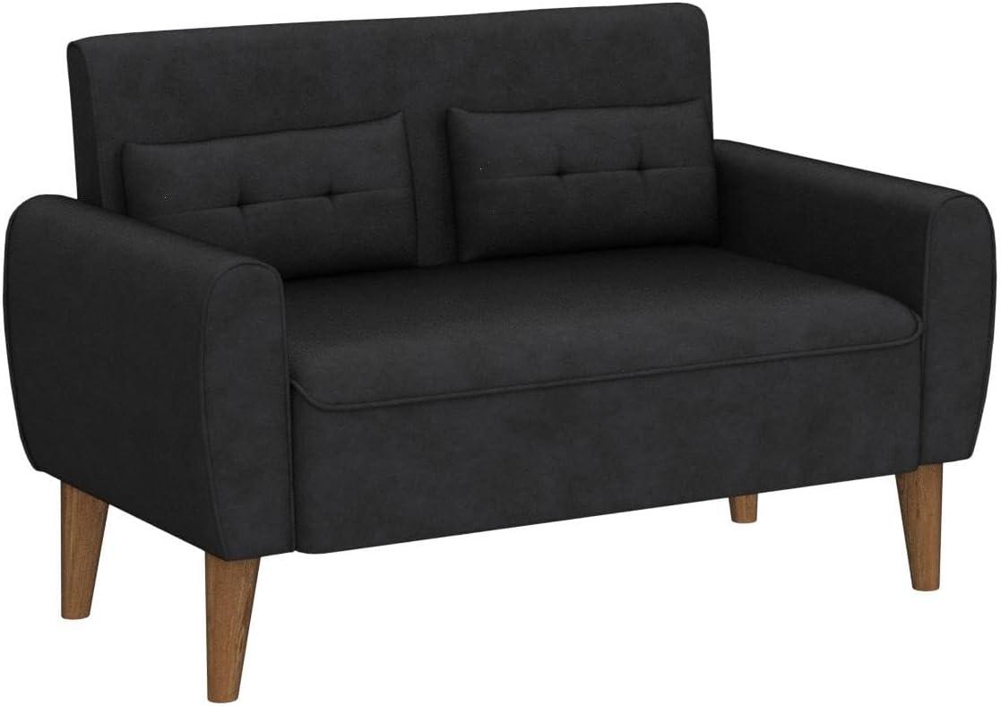 47" Black Tufted Linen Loveseat with Wood Legs