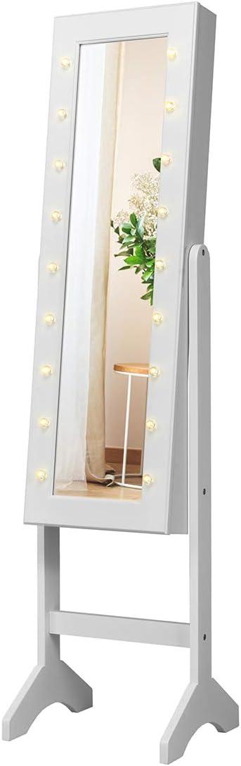 QuellQuest Standing Jewelry Armoire with 18 LED Lights Around the Door, Large Storage Mirrored Jewelry Cabinet with Full Length Mirror, 16 Lipstick Holders, 1 Inside Makeup Mirror (White)