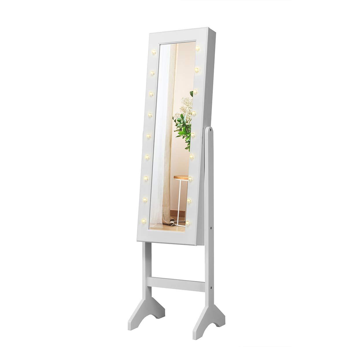 QuellQuest Standing Jewelry Armoire with 18 LED Lights Around the Door, Large Storage Mirrored Jewelry Cabinet with Full Length Mirror, 16 Lipstick Holders, 1 Inside Makeup Mirror (White)