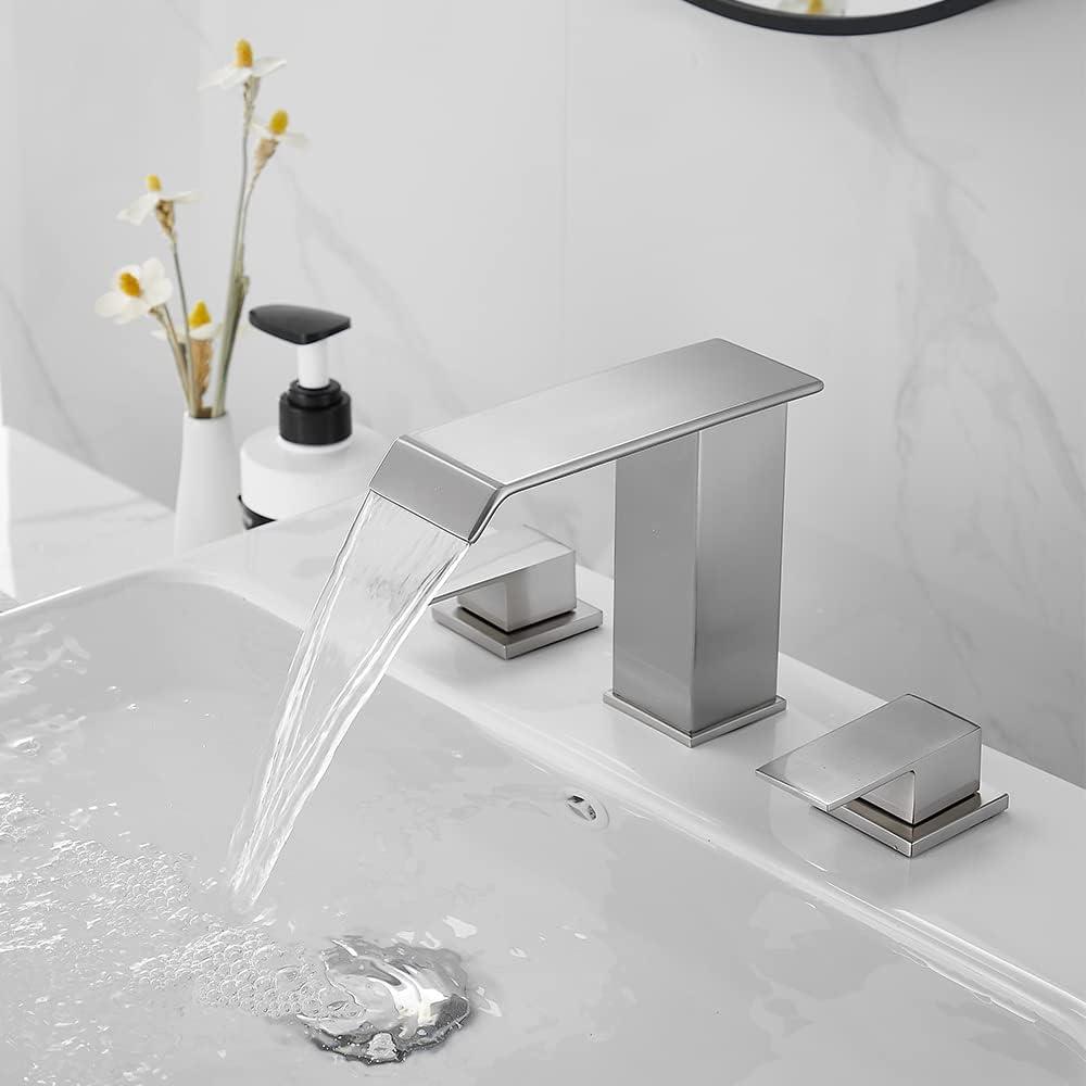 Brushed Nickel 8-Inch Widespread Waterfall Bathroom Faucet