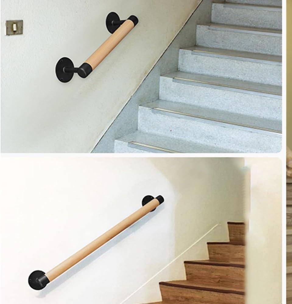 1ft Wood Handrail for Indoor Stairs, Wood Staircase Handrail W/s Black Sturdy Metal Brackets, Stair Banister Railing Wooden Safety Grab Bar for Elderly & Kids