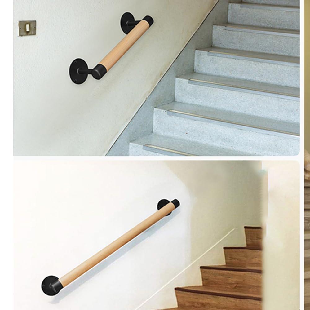 1ft Wood Handrail for Indoor Stairs, Wood Staircase Handrail W/s Black Sturdy Metal Brackets, Stair Banister Railing Wooden Safety Grab Bar for Elderly & Kids