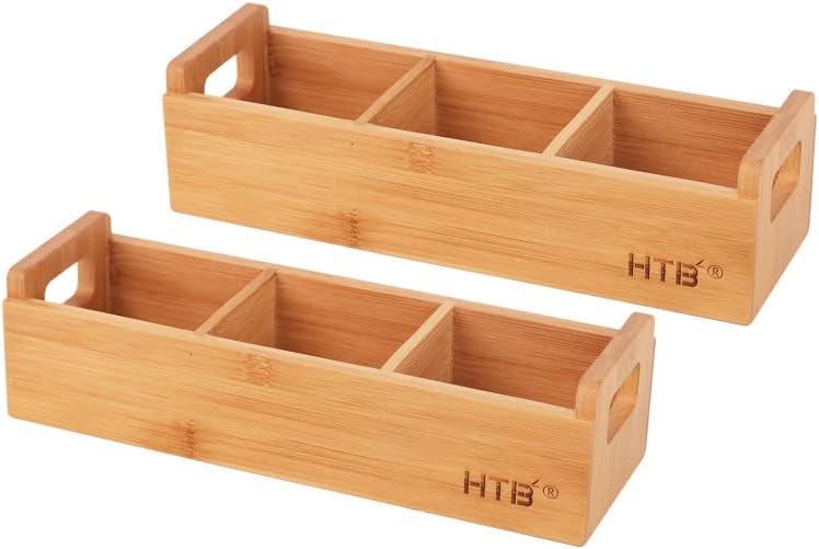 HTB Small Tea Bag Holder Pack of 2, Bamboo Tea Organizer 3 Compartments for Beverage Suppliers, Sweeteners, Individual Packets, Portable Tea Bag Organizer for Home Kitchen Counter or Office
