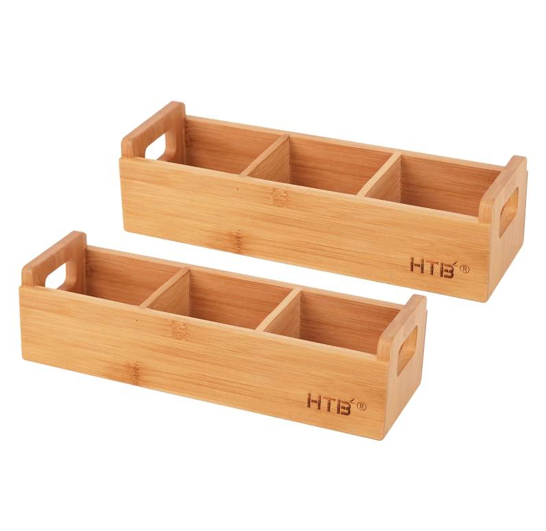 HTB Small Tea Bag Holder Pack of 2, Bamboo Tea Organizer 3 Compartments for Beverage Suppliers, Sweeteners, Individual Packets, Portable Tea Bag Organizer for Home Kitchen Counter or Office