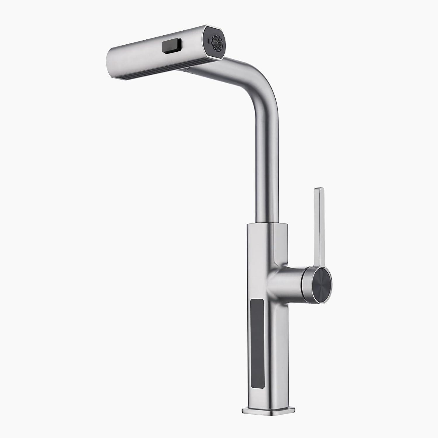 Lefton Pull-Out Waterfall Kitchen Faucet with Temperature Display, Two Water Outlet Modes, Single Hole, Brushed Nickel, KF2209-0