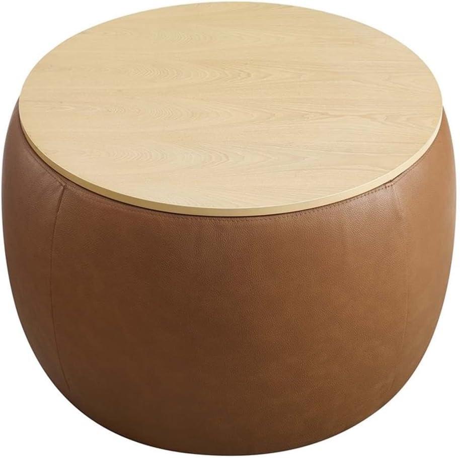 Modway Perla Round Vegan Leather Storage Ottoman in Tan