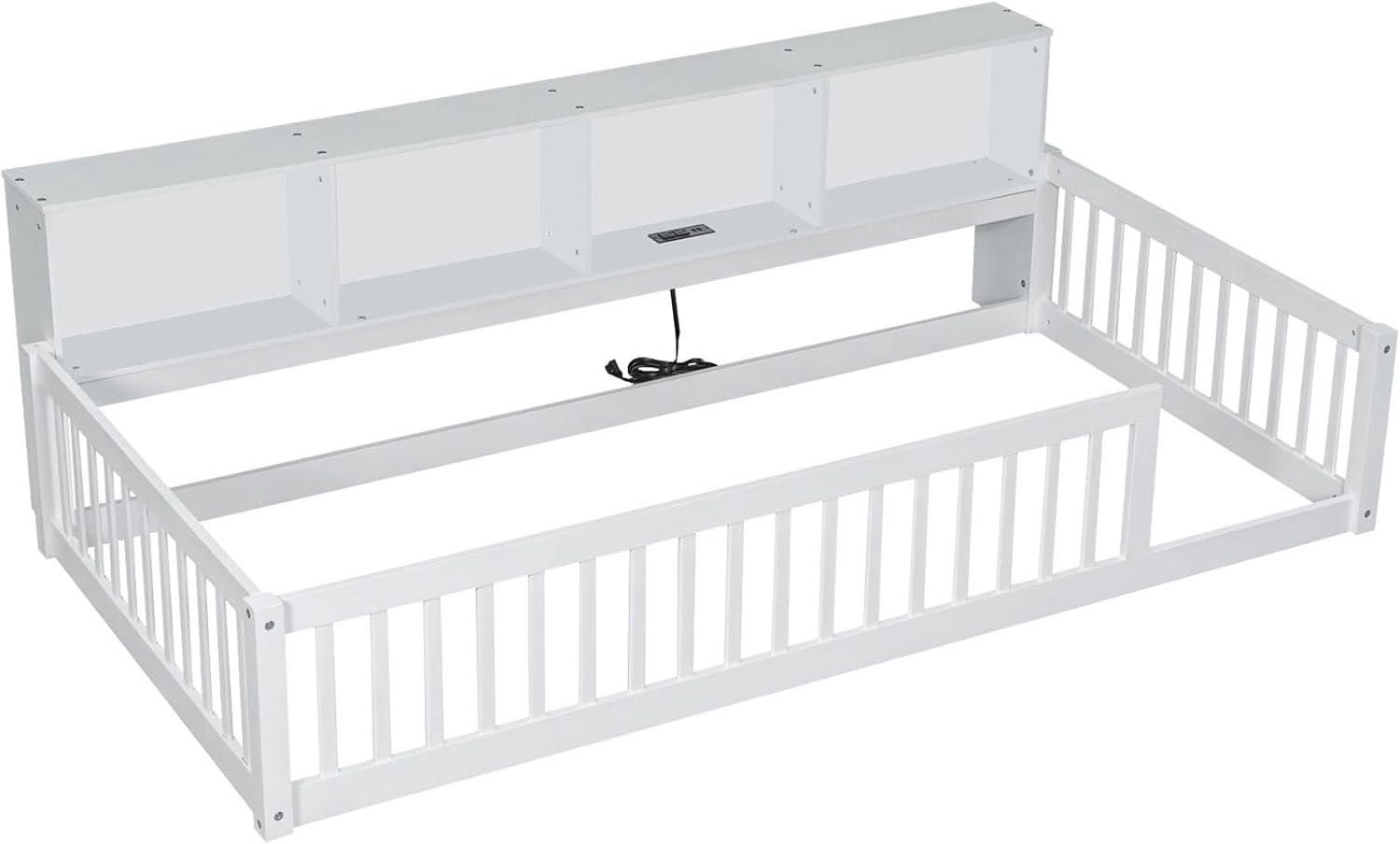 Kumix Twin XL Size Floor Bed with 4 Open Storage Cabinets and USB Ports, Solid Wood Daybed Frame with Semi-Enclosed Fence for Bedroom, No Weight Capacity Limit, Noise-Free, Easy Assembly, White