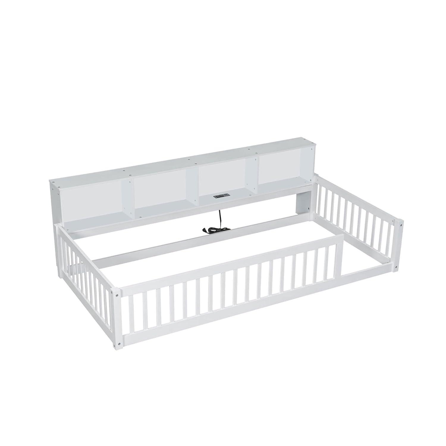 Kumix Twin XL Size Floor Bed with 4 Open Storage Cabinets and USB Ports, Solid Wood Daybed Frame with Semi-Enclosed Fence for Bedroom, No Weight Capacity Limit, Noise-Free, Easy Assembly, White