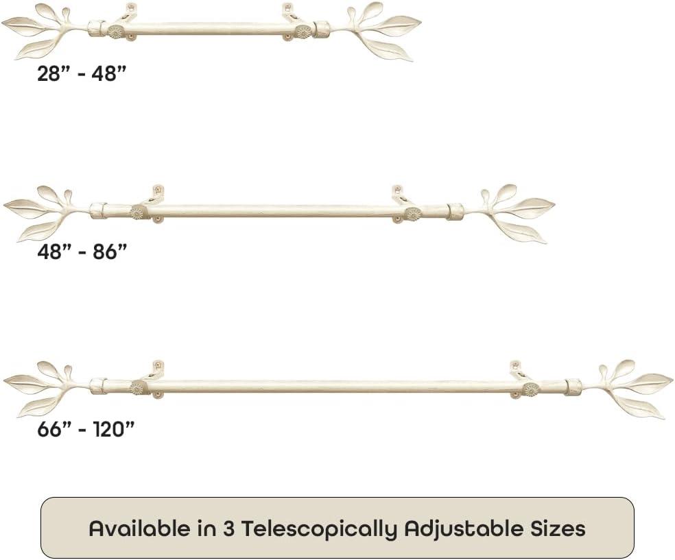 Cream and Gold Adjustable Metal Curtain Rod with Leaf Finials, 48-86 Inch